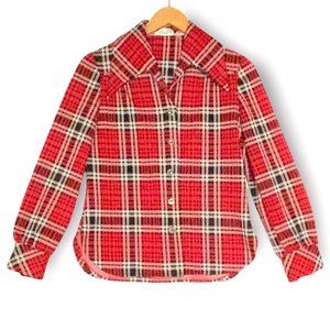 vtg womens Judy Way red plaid wide collar button blouse XS-S‎